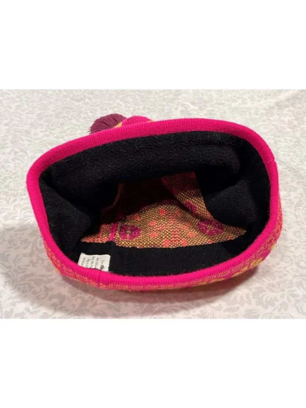 Marmot Nordic Pom Pom Beanie Pink Yellow Fleece Lined One Size